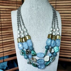 Triple Strand Shell Acrylic Glass Beaded Blue Green NY Brand  Necklace Beachcore